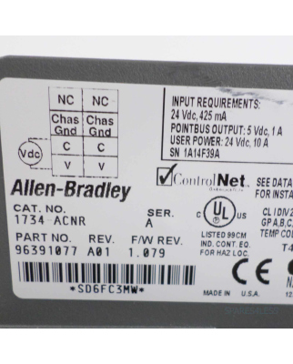 Allen Bradley POINT I/O CONTROLNET ADAPTER 1734-ACNR 96391077 GEB