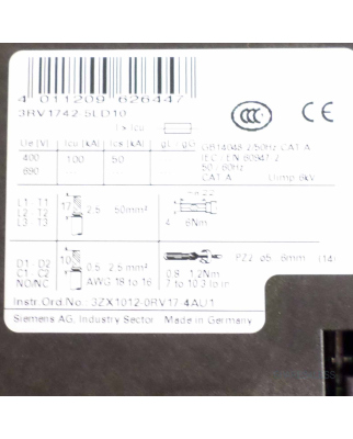 Siemens Leistungsschalter 3RV1742-5LD10 NOV