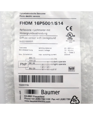 Baumer electric Reflexions-Lichttaster FHDM 16P5001/S14 OVP