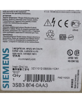 Siemens Drucktaster-Gehäuse 3SB3 804-0AA3 OVP