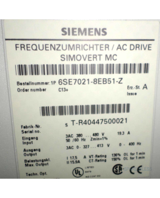 Siemens SIMOVERT Masterdrive MC 6SE7021-8EB51-Z Z=C13 OVP