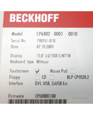 Beckhoff Touchscreen CP6802-0001-0010 15" LQ150X1LW71N GEB