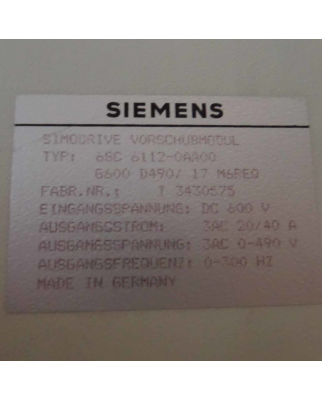 Siemens Simodrive 611 VSA Modul 20/40A 6SC6112-0AA00 #K2 GEB
