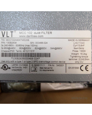 Danfoss VLT MCC102 du/dt Filter VLT MCC102A80KTME20B 130B2839 OVP
