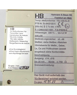 H&B Temp.-Messumformer TEU325-EX.B (220V) OVP