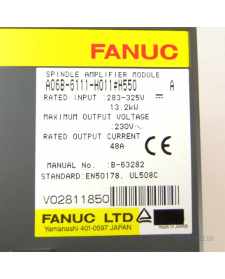 Fanuc Spindle Amplifier Module A06B-6111-H011#H550 Vers.A...