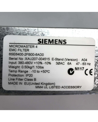 Siemens Micromaster 4 EMC Filter 6SE6400-2FB00-6AD0 OVP