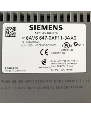 Simatic HMI KTP1000 Basic PN Key Touch Panel 6AV6647-0AF11-3AX0 E-Stand:08 OVP