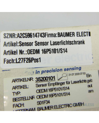 Baumer electric Emfänger f. Lichtschranke OEDM16P5101/S14 GEB