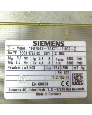 Siemens Synchron-Servomotor 1FK7043-7AK71-1UG2-Z  Z=N05 GEB