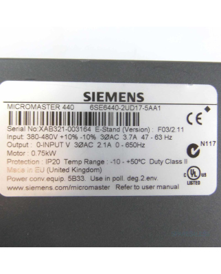 Siemens Micromaster 440 6SE6440-2UD17-5AA1 0,75kW GEB