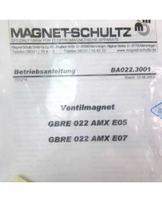 Magnet Schultz Ventilmagnet GBRE022AMXE05-V OVP
