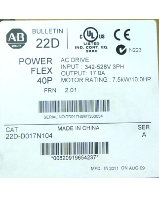Allen Bradley PowerFlex 40P AC Drive 22D-D017N104 7,5kW Ser.A OVP