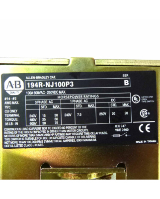 Allen Bradley Trennschalter 194R-NJ100P3 Ser. B OVP