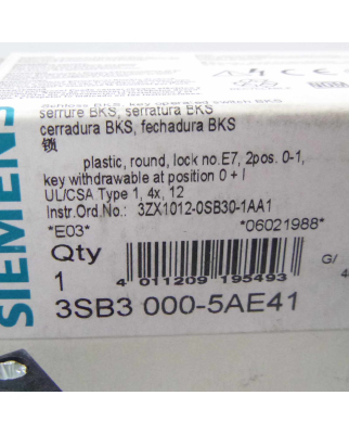 Siemens Schluesselschalter BKS 3SB3000-5AE41 OVP