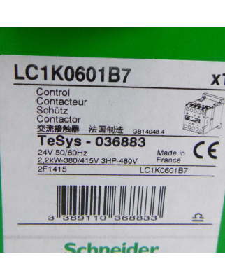 Schneider Schütz LC1K0601B7 036883 24V/2,2kW OVP