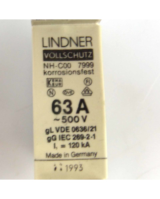 Lindner Nh00-c00 63a 500v Bogenschutz Vollschutz 7999 Korrosionsfest for sale online 