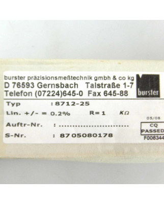 burster Potentiometrischer Wegsensor Typ 8712-25 OVP