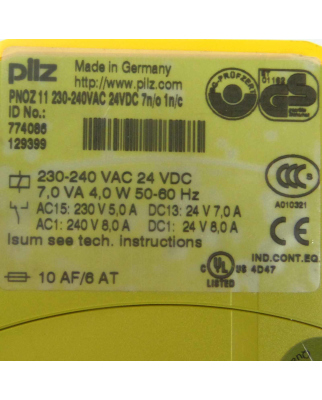Pilz Sicherheitsrelais PNOZ 11 230-240VAC 24VDC 7n/o 1n/c...