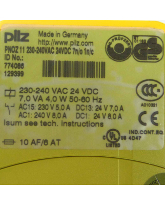 Pilz Sicherheitsrelais PNOZ 11 230-240VAC 24VDC 7n/o 1n/c 774086 GEB