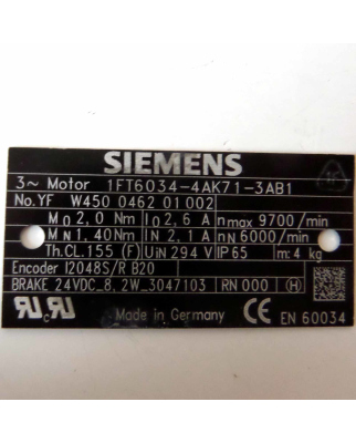 Siemens Synchronservomotor 1FT6034-4AK71-3AB1 OVP