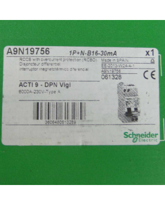 Schneider Electric FI-Schutzschalter A9N19756 ACTI9-DPN Vigi 1P+N-B16-30mA 061328 OVP