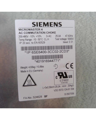 Siemens Micromaster 4 Kommutierungsdrossel 6SE6400-3CC02-2CD3 GEB
