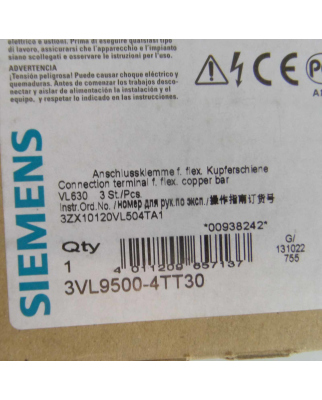 Siemens Anschlussklemmenplatte 3VL9500-4TT30 (3Stk.) OVP