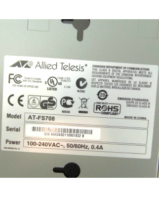 Allied Telesis 8-Port Ethernet Switch AT-FS708-50 V7...