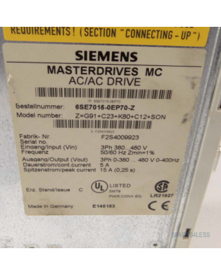 Siemens Masterdrives AC/AC Drive 6SE7 015-0EP70-Z Z=C12+C23+G91+K80+SON GEB