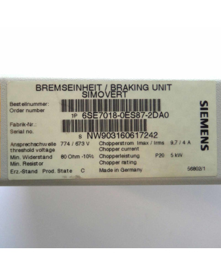 Siemens SIMOVERT Bremseinheit 6SE7018-0ES87-2DA0 GEB