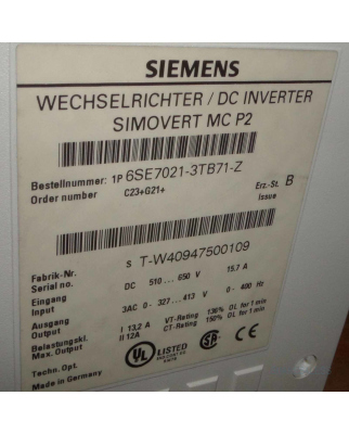 Siemens SIMOVERT Wechselrichter 6SE7021-3TB71-Z GEB