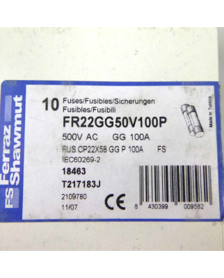 Ferraz-Shawmut Sicherungen 500V AC 100A FR22GG50V100P (8Stk.) OVP