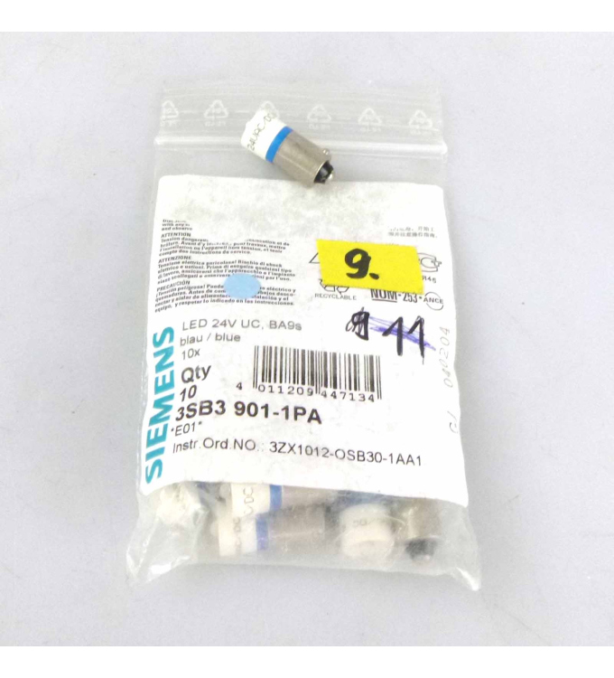 10x Siemens LED-Lampe BA9s | 3SB3 901-1BA | E:02 | 3SB3901-1BA 10x Siemens LED-Lampe BA9s | 3SB3 901-1BA | E:02 | 3SB3901-1BA