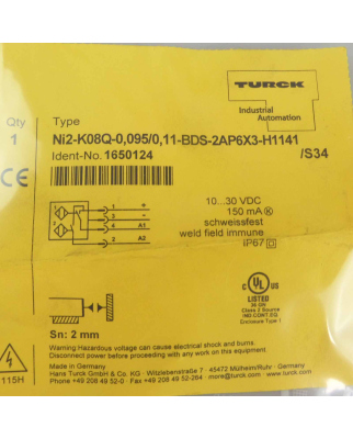 Turck Induktiver Sensor NI2-K08Q-0,095/0,11-BDS-2AP6X3-H1141/S34 1650124 OVP
