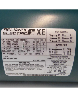 Reliance Electric XE Motor P14X1485H GJ FRFD145TC Type P OVP