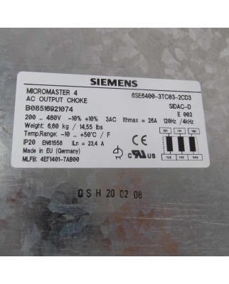 Siemens Micromaster 4 Ausgangsdrossel 6SE6400-3TC03-2CD3 OVP