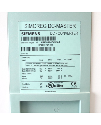Siemens SIMOREG DC Master Stromrichtergerät 6RA7081-6DV62-0-Z Z=G74+S00+K01+K11 OVP