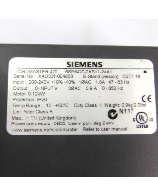 Siemens Micromaster 420 6SE6420-2AB11-2AA1 0,12kW GEB