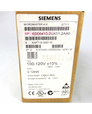 Siemens Micromaster 410 6SE6410-2UA11-2AA0 E-Stand:A03/1.02 OVP