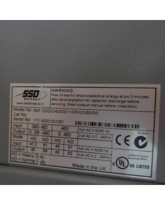 SSD Parker Hannifin Frequenzumrichter 650VD/0220/400/0011/GR/0/0/B0/0/0 OVP