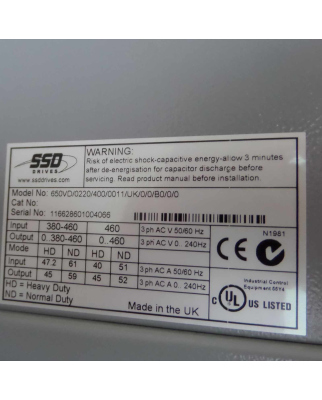 SSD Frequenzumrichter 650VD/0220/400/0011/UK/0/0/B0/0/0 GEB