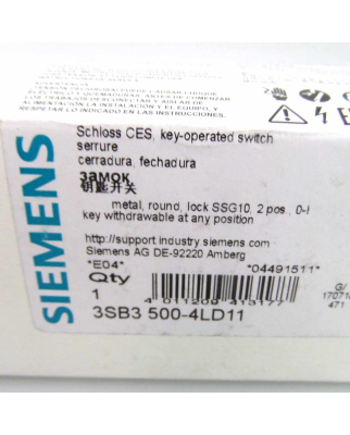 Siemens Schlüsselschalter 3SB3 500-4LD11 SSG10 OVP