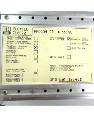 Endress+Hauser Durchflussmessgerät Procom II m-point Flowtec ZL6072 85-260VAC GEB