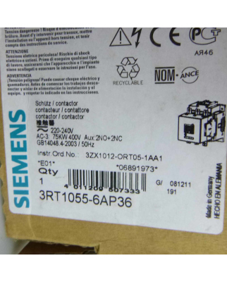 Siemens Schütz 3RT1055-6AP36 220-240V OVP