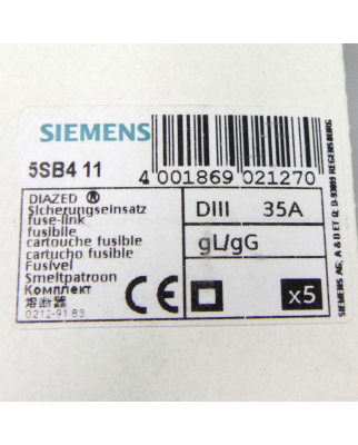 Siemens Diazed Sicherungseinsätze DIII 35A 5SB4 11 (5Stk.) OVP