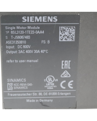 Sinamics Single Motor Module S120 6SL3120-1TE23-0AA4 FS:B...
