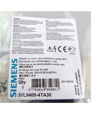 Siemens Anschluss mit Schraubverbindung 3VL9400-4TA30 OVP