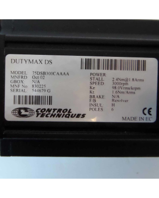 CONTROL TECHNIQUES Dutymax DS Servomotor 75DSB300CAAAA NOV