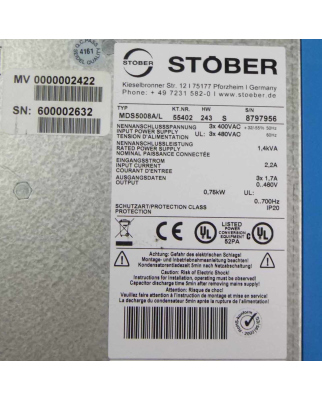 Stöber Posidrive Servo Drive MDS5008A/L 1,4kVA/0,75kW GEB
